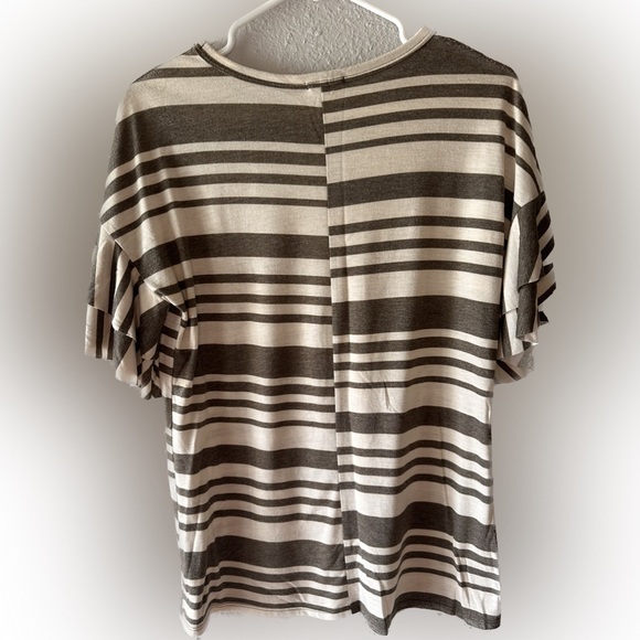 Short sleeve cream shirt with dark green stripes. Ruffled sleeves. Size small. - Picture 2 of 5